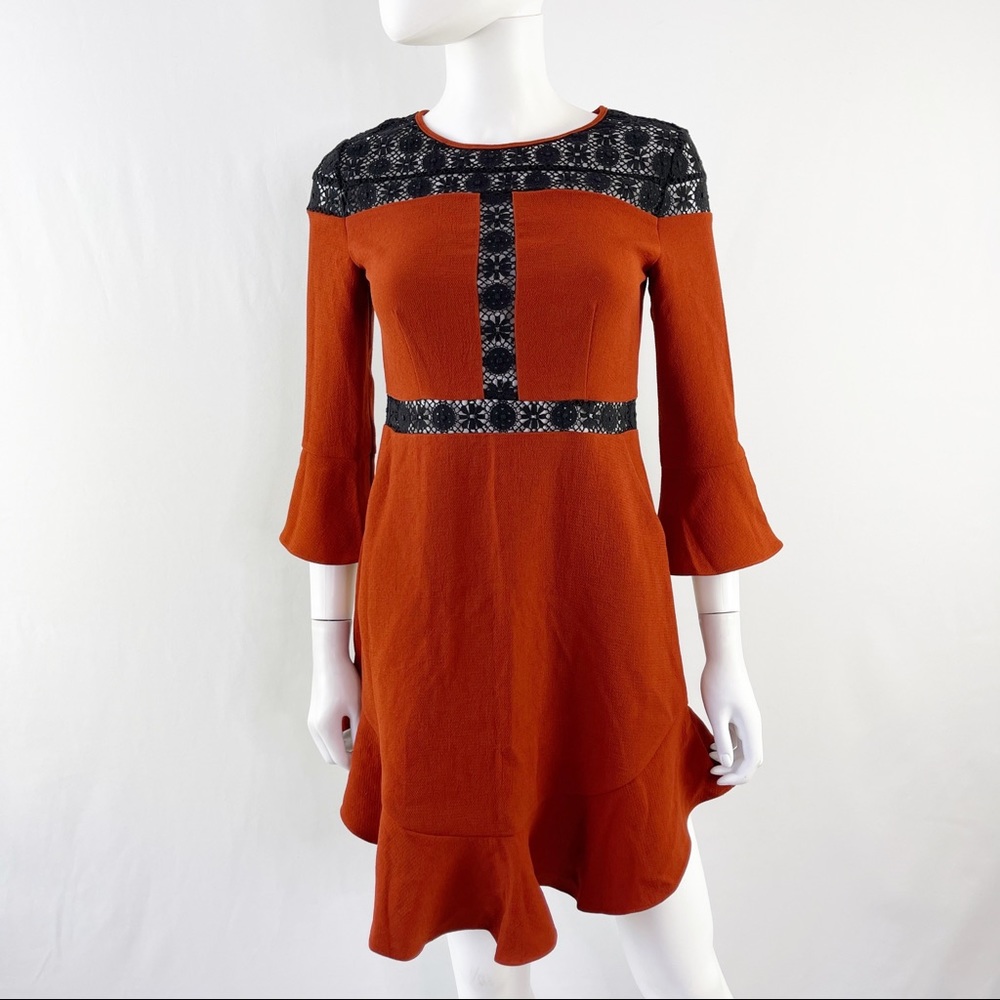 COSETTE Size 2 Brown Long Sleeve Mini Dress with Black Lace Detail Burnt Orange